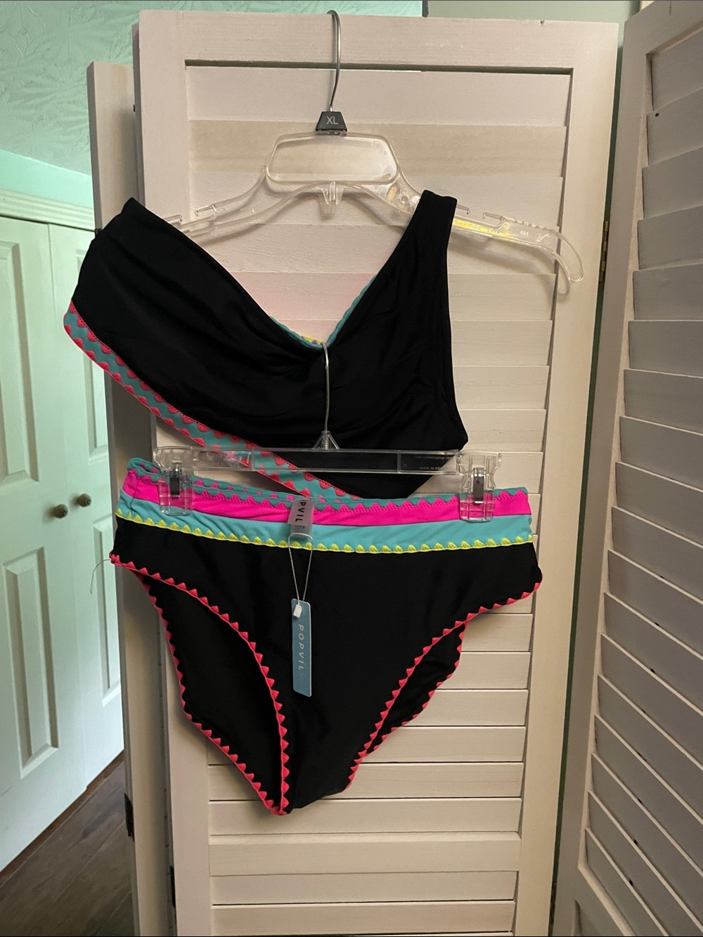 Black One-Shoulder Bikini with Pink & Aqua Trim